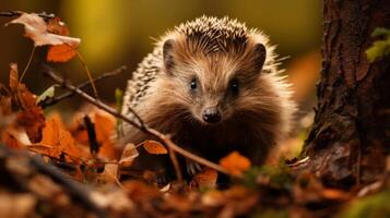 ai generado erizo navegando mediante bosque hojas, fauna silvestre exploración foto