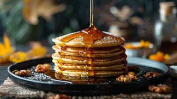 AI generated A waterfall of maple syrup cascading over a stack of fluffy pancakes photo