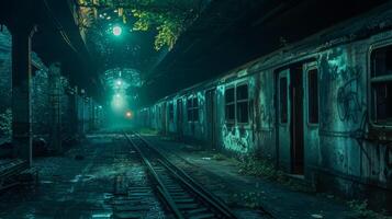 ai generado un misterioso, abandonado subterraneo estación con fantasma trenes paso mediante en el noche foto