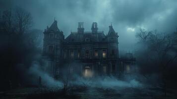 AI generated A dark, abandoned mansion enveloped in thick fog, with faint ghostly figures in the windows photo