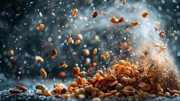 AI generated A tornado of mixed nuts swirling around, with a hint of salt in the air photo