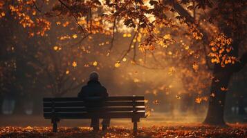 AI generated Person sitting alone on a park bench, staring at the ground in deep thought photo