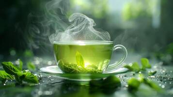 AI generated A puff of steam rising from a fresh cup of green tea photo