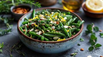 AI generated A bowl of green bean almondine with slivered almonds and lemon zest photo