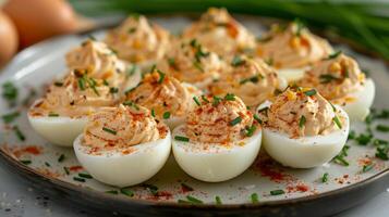 AI generated A plate of deviled eggs with paprika and chives photo