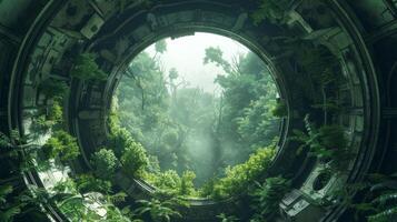 AI generated Abandoned spaceship with alien flora overtaking the interior, photo