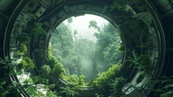 ai generado abandonado astronave con extraterrestre flora adelantamiento el interior, foto