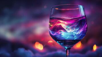 AI generated Wine glass with the Northern Lights swirling inside the liquid photo