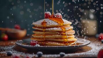 AI generated A waterfall of maple syrup cascading over a stack of fluffy pancakes photo