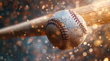 ai generado un béisbol golpear el murciélago a el Perfecto momento, con el estadio luces brillante abajo foto