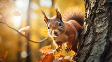 AI generated Squirrel climbing a tree in the forest, playful wildlife moment photo