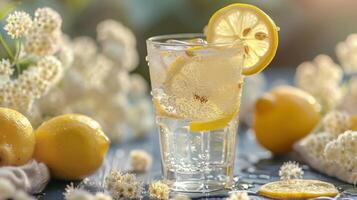 AI generated A glass of elderflower lemonade with lemon slices and fizzy bubbles photo