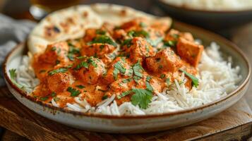 AI generated A plate of chicken tikka masala with rice and a slice of naan photo