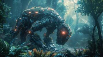 AI generated Cybernetic forest with robotic wildlife and holographic foliage photo