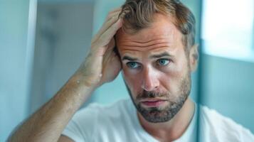 AI generated Person looking at a mirror, visibly concerned about receding hairline photo