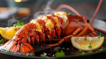 AI generated A steaming lobster tail with melted butter and lemon wedges photo
