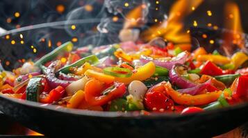 AI generated A sizzling pan of colorful stir-fry vegetables with flames licking the edges photo