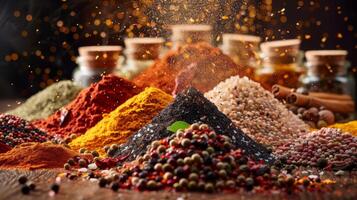 AI generated A vibrant explosion of assorted spices over a wooden table photo