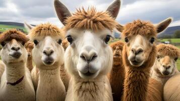 ai generado llamas mirando curiosamente a el cámara, peculiar granja residentes foto