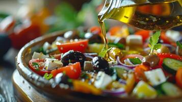 ai generado aceituna petróleo siendo rociado terminado un Fresco griego ensalada, con aceitunas rebote foto