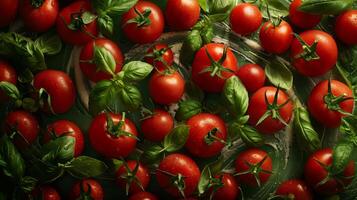 AI generated A whirlwind of fresh basil leaves and ripe tomatoes blending into a sauce photo