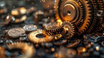 AI generated A series of gears, each turning to drop more coins into a growing pile, showing investment mechanics. photo