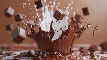 AI generated 3D rendered chocolate milk splash, with cartoon-style milk and chocolate chunks flying photo