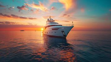 AI generated Luxurious yacht sailing in the open ocean at sunset photo
