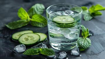 AI generated A glass of cucumber mint water with ice and fresh cucumber slices photo