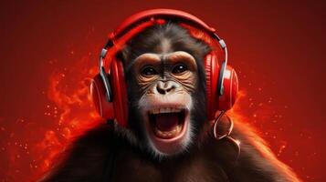 AI generated A monkey with headphones, bobbing its head, showing enjoyment photo