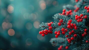 AI generated Close Up of a Christmas Tree With Red Berries photo