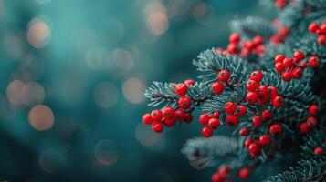 ai generado cerca arriba de un Navidad árbol con rojo bayas foto