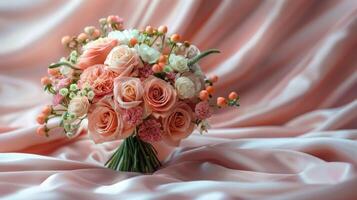 ai generado cerca arriba de Boda anillo en ramo de flores de flores foto