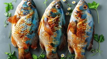 ai generado Tres pescado sentado en un mesa foto