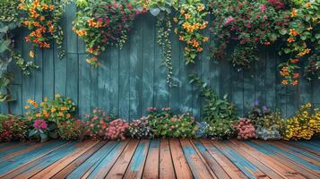 AI generated Wooden Floor Covered in Various Flowers photo