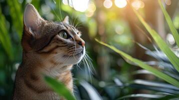 ai generado cerca arriba de gato por plantas foto