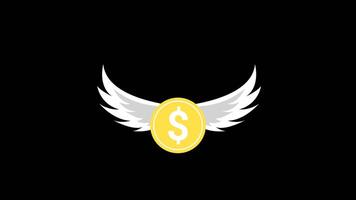 Animation of coins flying with wings. Transparent background video