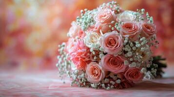 ai generado cerca arriba de Boda anillo en ramo de flores de flores foto