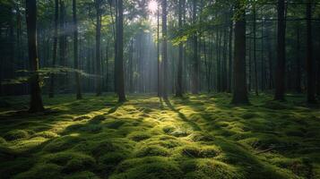 AI generated Sunlight Filtering Through Trees in Forest photo