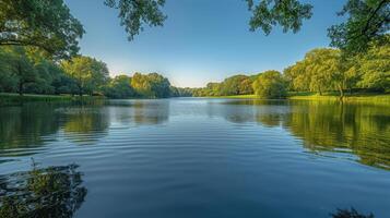 AI generated Water Body Surrounded by Trees With Orange Leaves photo