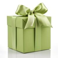 ai generado verde regalo caja con grande arco foto