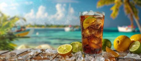 ai generado refrescante vaso de con hielo té con limones y limas foto