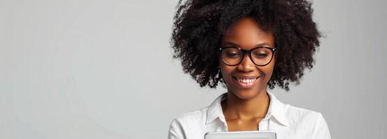 AI generated Woman Wearing Glasses Holding a Tablet Computer photo