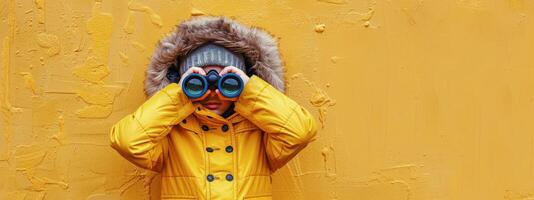 AI generated Little Girl in Yellow Raincoat Looking Through Binoculars photo