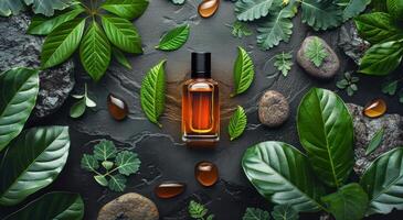 AI generated Bottle of Perfume Surrounded by Leaves and Rocks photo