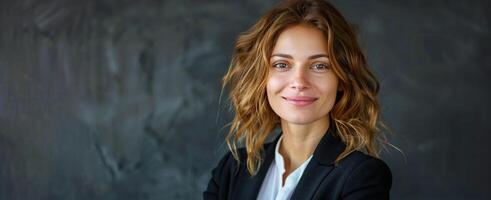 ai generado sonriente mujer en negocio traje foto