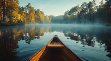 ai generado canoa en lago con arboles foto