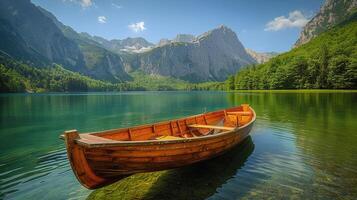 AI generated Boat Floating on Lake Surrounded by Mountains photo