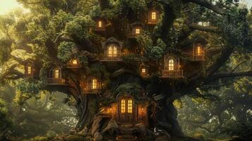 AI generated An ancient tree with doors and windows, housing mystical creatures, photo
