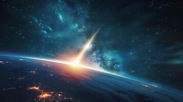 AI generated Comet illuminating the sky above Earth photo
